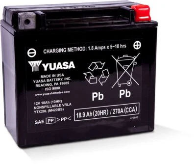Yuasa 免维护 YTX20L 12V 电池 适用于 Can-Am Outlander 400 XT HO 2004-15 — 第 1/3 张图片