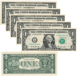 Lot Of 5 Notes x USA Banknotes $1 Dollar Bill 2013 "A1 - Boston" UNC. (#1630) - Picture 1 of 2