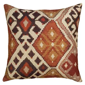Cojín Kilim Ikat Extra Grande Estampado Lino. Cuadrado XL 23". Naranja terracota. - Imagen 1 de 3