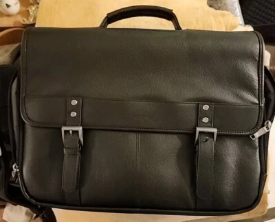 NWT Samsonite Classic Leather Flapover Messenger Bag Briefcase Black - Image 1 of 4