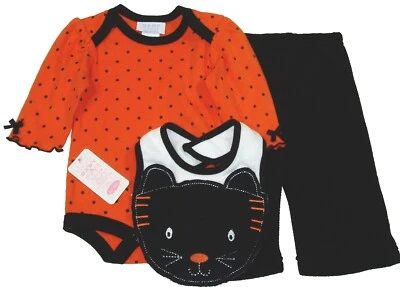 Черный кот Хэллоуин наряд 3 шт нагрудник верхний низ Baby девочек боди флисовые брюки - Изображение 1 из 2