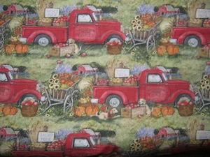 "Harvest Truck" Susan Winget Red Trucks Allover Cotton Fabric BTHY - Picture 1 of 3