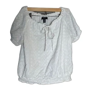 Chaps Petite XL White Eyelet Cotton Puff Sleeve Boho Summer Top Country Cottage - Picture 1 of 5