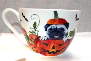 Portobello by Design Halloween Pumpkin Pug Mug Bats & Paw Prints Bone China 22oz - Picture 1 of 13