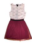 Speechless Juniors' Sleeveless Lace-to-Tulle Skater Dress Size 3 - Ivory/Wine
