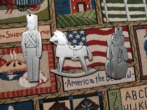 Vintage Pewter Christmas Ornaments Nutcracker Soldier, Rocking Horse & Snowman  - Picture 1 of 8