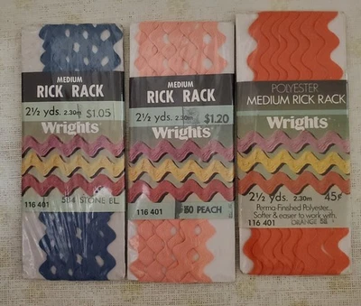 Vintage Wrights Rick Rack Lot of 3 Pkgs 2 1/2 Yds Each Blue Peach & Orange - NOS - Image 1 of 2
