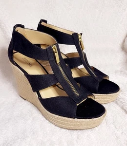 A🖤Michael Kors Berkley Women’s Size 9 Wedge Canvas Black Sandals Open Toe PV16K - Picture 1 of 10