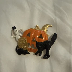 Broche prendedor vintage AJC Halloween calabaza gato esqueleto firmado esmalte - Imagen 1 de 3