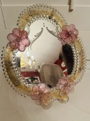 Espejo veneciano de cristal de Murano rosa tocador tocador de pared grabado Foto 1 de 4