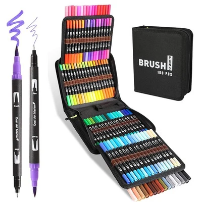 MARKENLOS 100 Farbe Acrylstifte Marker Set Permanent Pen Doppelspitze Pinsel & Feinspitze·