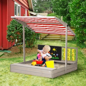Outsunny Kids Wooden Sandbox w/ Canopy Bench Seats Outdoor Sand Box Gray - Picture 1 of 11