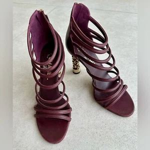 Chanel Coco Tower Cage Burgundy & Gold Sculptural Chain High Heel Sandals 38.5 - Picture 1 of 14