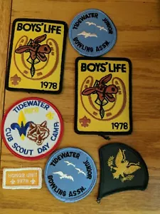 Lot ~ 7 Boy Scout Badges ~ Tidewater Bowling Boys Life Honor Unit + ~ 1978 - EUC - Picture 1 of 9