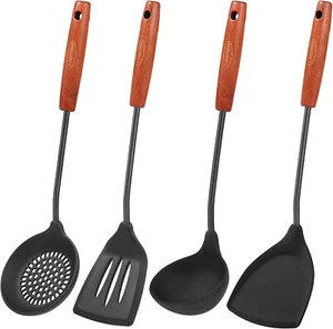 Elegant Black Cooking Utensils Set: Slotted Spatula, Ladle & Skimmer - 4 Pieces - Picture 1 of 11