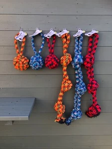 LARGE ROPE BALL AND TUGGER DOG TOYS-STRONG-MULTICOLOURED-FETCH-CATCH-PLAY - Picture 1 of 23