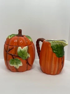 Vintage RICH TALENT Hand Painted Fall Cookie Jar + Water Pitcher Autumn Pumpkin - Picture 1 of 9