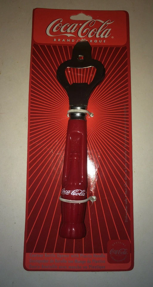 COCA-COLA RED BOTTLE AND CAN OPENER PLASTIC HANDLE APPROX. 7" HIGH