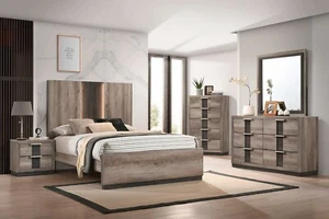 SLEEK 5PC LED Modern Rustic Italian Two-Tone Gray Black Queen King Bedroom Set - Picture 1 of 9