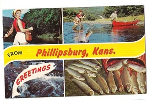 PIN UP GIRL Fishing Boat Fish PHILLIPSBURG Kansas KS Postcard Water Name Band - Picture 1 of 2