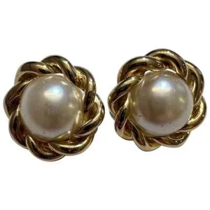 Erwin Pearl Vintage Statement Clip On Ohrringe gebürstet goldfarben & Kunstperlen 1" - Bild 1 von 7