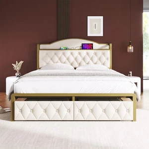 Polsterbett 180x200 Metallrahmen Stauraumbett Bettgestell mit USB & Typ C Beige - Bild 1 von 12