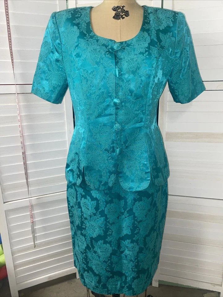 De colección Años 80 Melissa Verde Jade Floral Tapiz Jacquard Falda Chaqueta Traje Talla 10 Foto 1 de 4