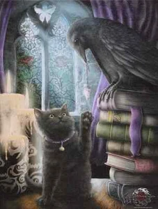 FAMILIARITY CANVAS PICTURE ART PRINT LINDA JONES GOTHIC CAT RAVEN - Picture 1 of 2