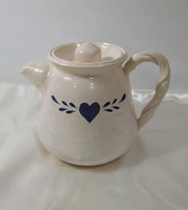 Tea Pot Pottery Pitcher Lid Beige Blue Heart Farmhouse UNIQUE *Chip - Picture 1 of 13