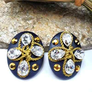 Orecchini clip cordino strass pelle anni 80 ovale fatti a mano dichiarazione oro nero - Foto 1 di 6