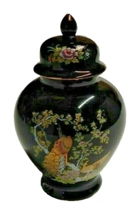 Schwarzes 6,25" handbemaltes Ingwerglas Pfau Blumen Gold ASAHI Japan gebraucht - Bild 1 von 8