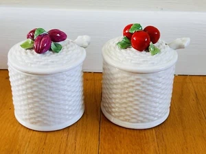 Vintage Bonwit Teller Ceramic Jelly/jam Jar Canister Woven Cherry Plum Italy Set - Picture 1 of 11