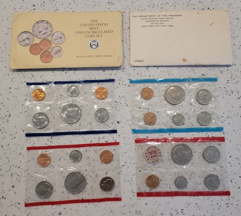 Two Sets! Uncirculated US Mint Sets~ 1972 PDS 11 Coins & 1990 PD 10 Coins Sealed Cover