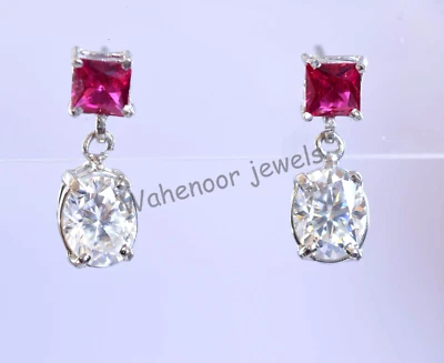 925 Argento Sterling a Lobo Orecchini Moissanite & Rubino Fantastico Donna - Immagine 1 di 4