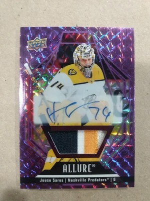 2022-23 Upper Deck Allure - Juuse Saros #11 Purple Diamond Auto Patch 02/10 - Image 1 of 2