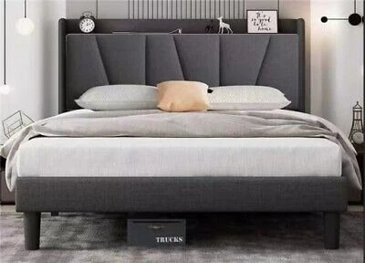 Bed Frame With Type-C & Usb Ports Fabric Bed For Bedroom Bathroom Home Twin - Image 1 of 2