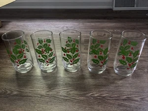 Indiana Glass Holly & Berries Christmas 6pc Holiday Beverage Set Tumblers - Y920 - Picture 1 of 3