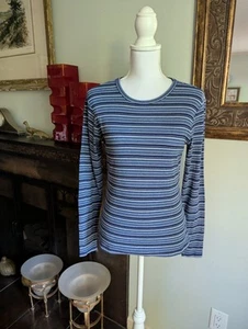 Vintage 90s Fashion Bug Women's Small Blue Black Stripe Stretch Top Long Sleeve - Picture 1 of 7