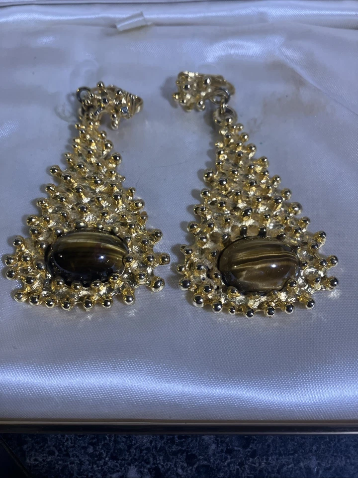 "Pendientes ojo de tigre chapados en oro 22kt KENNETH JAY LANE KJL de colección años 80 3""" Foto 1 de 3