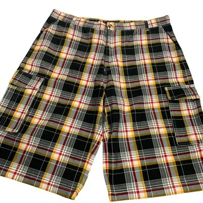Vintage Y2K D Tek Cargo Shorts 44 Black Plaid Flat Front Pockets Button Zipper - Image 1 of 4
