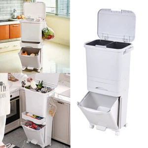 Large 3 Tier Recycling Rubbish Bin Kitchen Waste Trash Can with 4 Wheels 49L - Picture 1 of 16