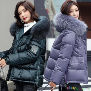 Winter Women's Down Cotton Jackets Big Faux Fur Hooded Short Warm Coats Parka - Picture 1 of 8