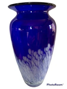 Cobalt Blue Art Glass Vase White Clouds Base - Picture 1 of 4