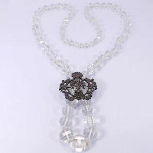 ART DECO CUT CRYSTAL NECKLACE 800 SILVER BROOCH PENDANT - Picture 1 of 8