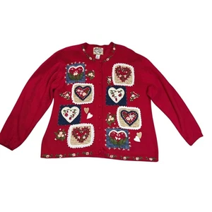 Vinatage Womens Red Heart Patchwork Cardigan Sweater XL Grandmacore Whimsy - Picture 1 of 5