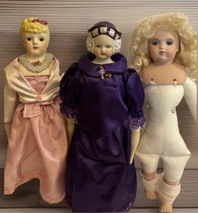 3 Vintage Porcelain/ Bisque Face-Hands Dolls W/ Stands 1 Missing Dress 19” Tall - Picture 1 of 22