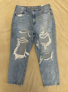 Pantalones de mezclilla American Eagle para mujer 16 tiro más alto mamá azul desgastado destruido nuevos con etiquetas - Imagen 1 de 4