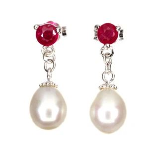 925 Sterling Silver Earrings Round Ruby 4mm Pearl Gemstone Jewelry - Picture 1 of 8