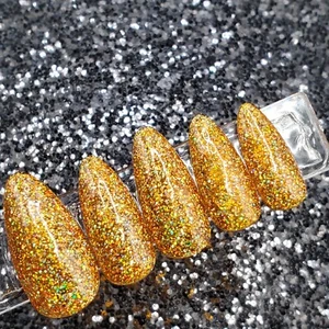 #182 Deep Gold Holo Glitter Press On Nails | Handmade | Hard Gel Glue on Nails - Picture 1 of 10