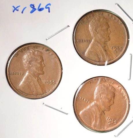 1955-P + 1955-D + 1955-S - USA Lincoln Wheat Cent Set - INV# X-1869   🇺🇸 Cover